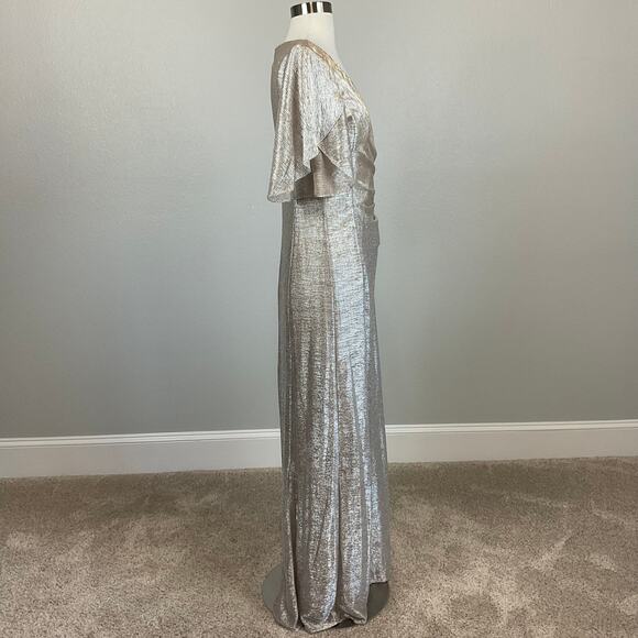 Adrianna Papell Metallic Short Sleeve Evening Gown Gold Size 8 V-Neck Formal - Picture 3 of 12